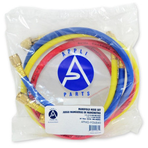 Appli Parts APMG-H36840 36 in Long 1/4 in SAE x 5/16 in SAE Red/Blue Hose, 1/4 in x 1/4 in SAE Yellow Refrigerant Hoses for use with HVAC Manifold gauges R410, rated 800-4000psi for Charging servicing AC systems