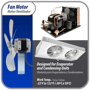 Appli Parts APFM-342E 34W refrigeration condenser and evaporator motor 220V 60Hz 1.2A 1300rpm includes base and 12in aluminum Fan Blade CCW shaft end Universal fit