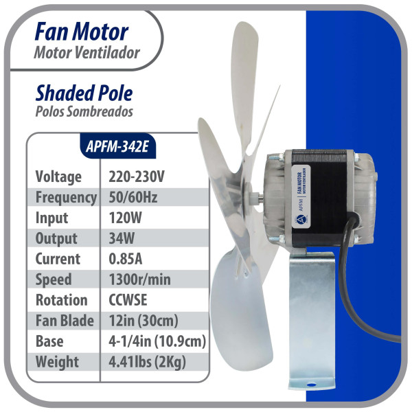 Appli Parts APFM-342E 34W Condenser and Evaporator Fan Motor 220V 60Hz 1.2A, Includes 12in Aluminum Fan Blade and Mounting Base, Universal Replacement for Commercial Refrigeration Units Appli Parts APFM-342E 34W Condenser and Evaporator Fan Motor 220V 60Hz 1.2A, Includes 12in Aluminum Fan Blade and Mounting Base, Universal Replacement for Commercial Refrigeration Units