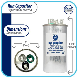 Appli Parts Dual Run Capacitor for ac 25+5 Mfd uF (microfarads) 370VAC or 450VAC CBB65 Round Universal fit for hvac and other applications 4-1/4 in High 2 in Wide CON-25/5-450   