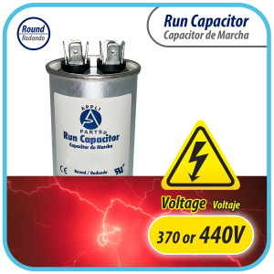 Appli Parts Run Capacitor for ac 35 Mfd uF (microfarads) 370 VAC or 450 VAC CBB65 Round Universal fit for hvac and other applications 3-5/8 in High 1-7/8 in Wide CON-35-450
