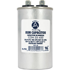 Appli Parts Run Capacitor for ac 35 Mfd uF (microfarads) 370 VAC or 450 VAC CBB65 Round Universal fit for hvac and other applications 3-5/8 in High 1-7/8 in Wide CON-35-450
 Appli Parts Run Capacitor for ac 35 Mfd uF (microfarads) 370 VAC or 450 VAC CBB65 Round Universal fit for hvac and other applications 3-5/8 in High 1-7/8 in Wide CON-35-450