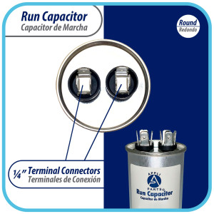 Appli Parts Run Capacitor for ac 75 Mfd uF (microfarads) 370VAC CBB65 Round Universal fit for hvac and other applications 5-1/2in High 2-1/4in Wide CON-75-370-R 