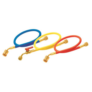 Uniweld EZ5HS Manifold Hoses 60 in Red and Blue with EZ Turn, Yellow with Ball Valve, CFC/HCFC/HFC R410 Anti-Blowback fitting with Soft Magic Barrier hose set