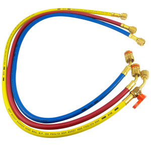 Uniweld EZ5HS Manifold Hoses 60 in Red and Blue with EZ Turn, Yellow with Ball Valve, CFC/HCFC/HFC R410 Anti-Blowback fitting with Soft Magic Barrier hose set