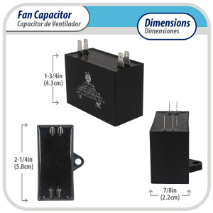Appli Parts Fan Capacitor 15 mfd (microfarads) uf 250 VAC with 4 Terminal Connections compatible with any brand within the same range of capacitance 2-1/4in Width 7/8in Depth 1-3/4in Height CAP-15-250