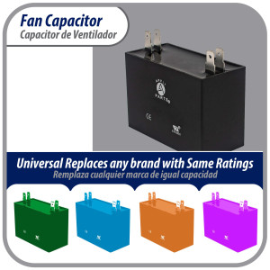 Appli Parts Fan Capacitor 3.5 mfd (microfarads) uf 450 VAC with 4 Terminal Connections compatible with any brand within the same range capacitance 1-7/8in Width 3/4in Depth 1-1/2in Height CAP-3.5-450