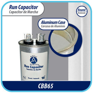Appli Parts Run Capacitor for ac 30 Mfd uF (microfarads) 370 VAC or 450 VAC CBB65 Round Universal fit for hvac and other applications 3-7/8in High 1-3/4in Wide CON-30-450