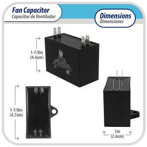 Appli Parts Fan Capacitor 8 mfd (microfarads) uf 450 VAC 4 Terminal Connections compatible with any brand within the same range of capacitance 1-7/8in Width 1in Depth 1-7/8in Height CAP-8-450