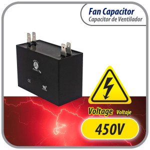 Appli Parts Fan Capacitor 8 mfd (microfarads) uf 450 VAC 4 Terminal Connections compatible with any brand within the same range of capacitance 1-7/8in Width 1in Depth 1-7/8in Height CAP-8-450