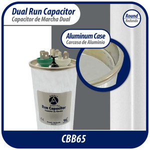 Appli Parts Dual Run Capacitor for ac 55+5 Mfd uF (microfarads) 370VAC CBB65 Round Universal fit for hvac and other applications UL E476928 2-1/8in Wide 5-1/8 Height CON-55/5-370-R  