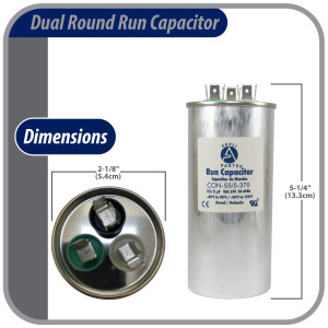 Appli Parts Dual Run Capacitor for ac 55+5 Mfd uF (microfarads) 370VAC CBB65 Round Universal fit for hvac and other applications UL E476928 2-1/8in Wide 5-1/8 Height CON-55/5-370-R  