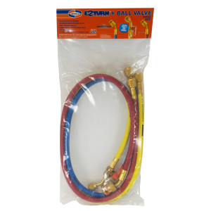 Uniweld EZ3HS Juego Mangueras Manometro 3 Mangueras 3pies de largo Azul y Rojo con EZ-Turn Amarilla con Valvula de bola CFC/HCFC/HFC R410 Anti-Blowback Soft Magic