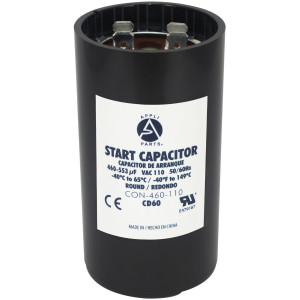 Appli Parts motor start capacitor 460-553 Mfd (microfarads) uF 110-125 VAC universal fit for electric motor applications 1-3/4 in Wide 3-3/8 in Height CON-460-110


