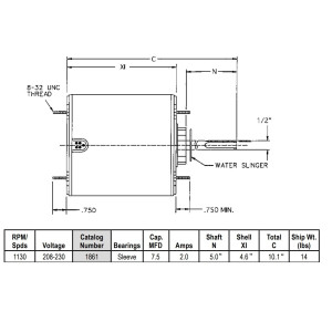 US Motors 1/3 hp 1075 rpm, 6 poles, 1 shaft, TEAO Enclosure, 1 speed, 5.6 diameter, CCW, Lead End, Reversible, 208-230 V, 60 hz, 1 ph, 7.5 mfd/370 VAC Run Capacitor Not Included , 1861 K055WMT1281012B