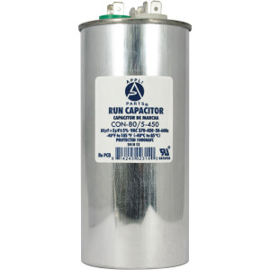 Appli Parts Dual Run Capacitor for ac 80+5 Mfd uF (microfarads) 370VAC or 450VAC CBB65 Round Universal fit for hvac and other applications 5-1/2 in High 2-1/4 in Wide CON-80/5-450