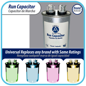 Appli Parts Run Capacitor for ac 20 Mfd uF (microfarads) 370 VAC or 450 VAC CBB65 Round Universal fit for hvac and other applications 3-3/8 in High 1-3/4 in Wide CON-20-450 