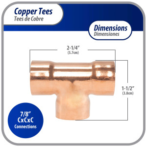 Appli Parts AP-T078 7/8 in Wrot Copper Tee CxCxC connections for refrigeration, air conditioning and plumbing applications ACR and Type L copper pipe