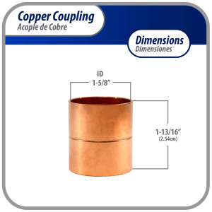 Appli Parts AP-A158 1-5/8 in Wrot Copper Coupling fitting CxC Sweat connections for refrigeration, air conditioning and plumbing applications ACR and Type L copper pipe (5 x Bag)

