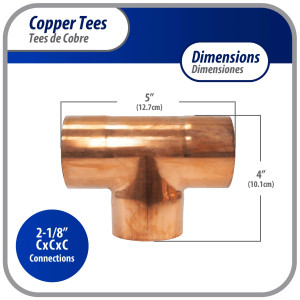 Appli Parts AP-T218 2-1/8 in Wrot Copper Tee CxCxC connections for refrigeration, air conditioning and plumbing applications ACR and Type L copper pipe