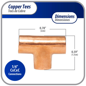 Appli Parts AP-T014 1/4 in Wrot Copper Tee CxCxC connections for refrigeration, air conditioning and plumbing applications ACR and Type L copper pipe