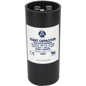 Appli Parts motor start capacitor 243-292 Mfd (microfarads) uF 110-125 VAC universal fit for electric motor applications 1-7/16 in Wide 3-3/8 in Height CON-243-110