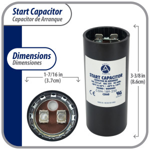 Appli Parts motor start capacitor 189-227 Mfd (microfarads) uF 250 VAC universal fit for electric motor applications 1-7/16 in Wide 3-3/8 in Height CON-189-250

