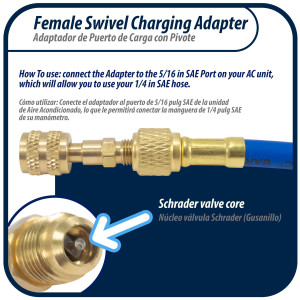 Appli Parts APCA-51614S 5/16 in Female x 1/4 in Male, SAE, R410, Swivel Charging Adapter with Valve Core and Depressor for Ductless Mini Split and other Air Conditioning Applications